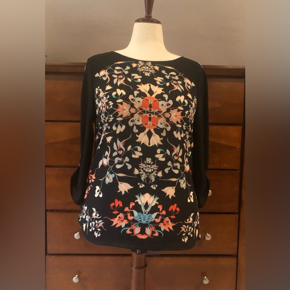 BCBGMaxAzria Black Floral Print Blouse with Coral and Teal Accents